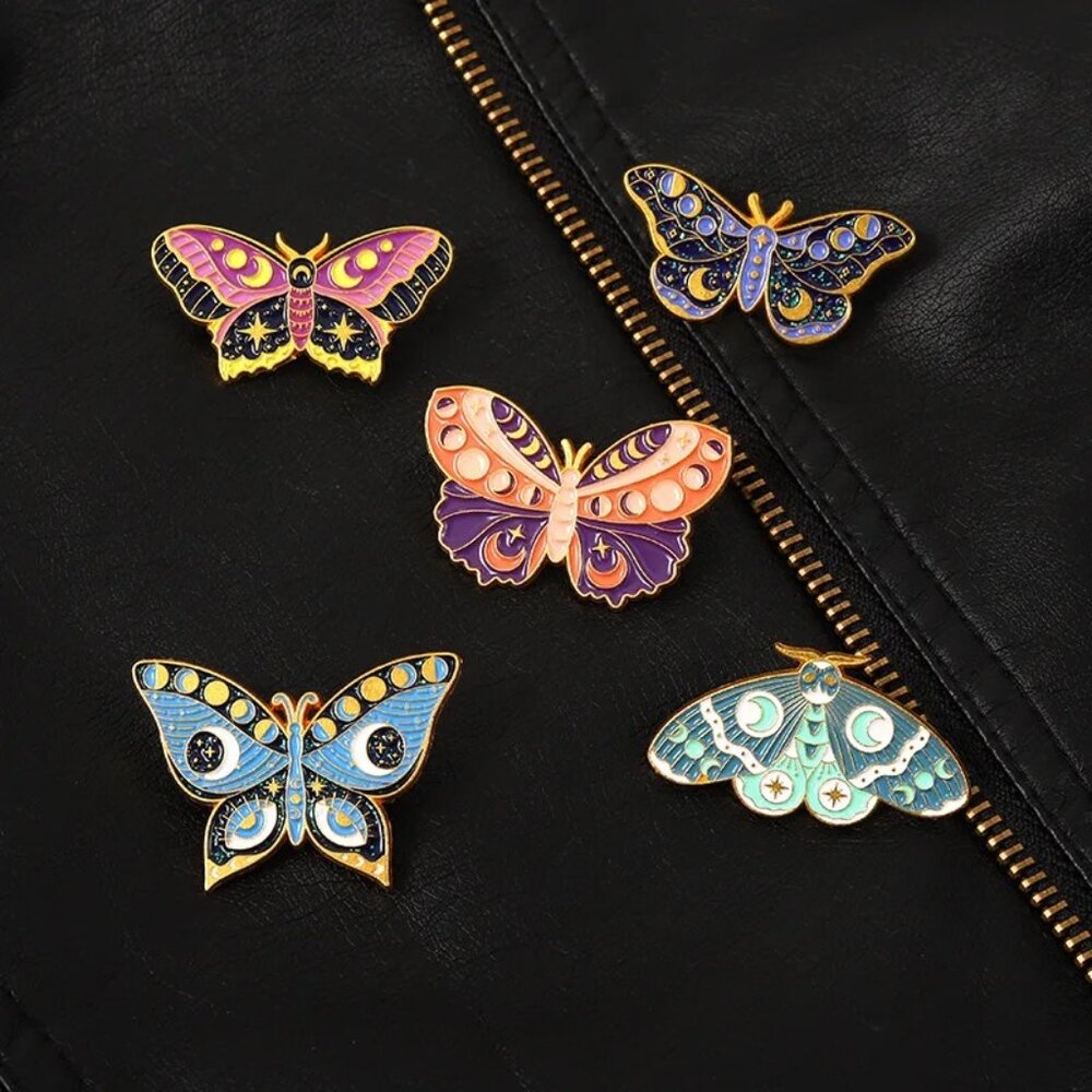 Colorful Mystic Butterfly & Moth 5-Piece Enamel Pin Set - Brand-New in Gift Box!